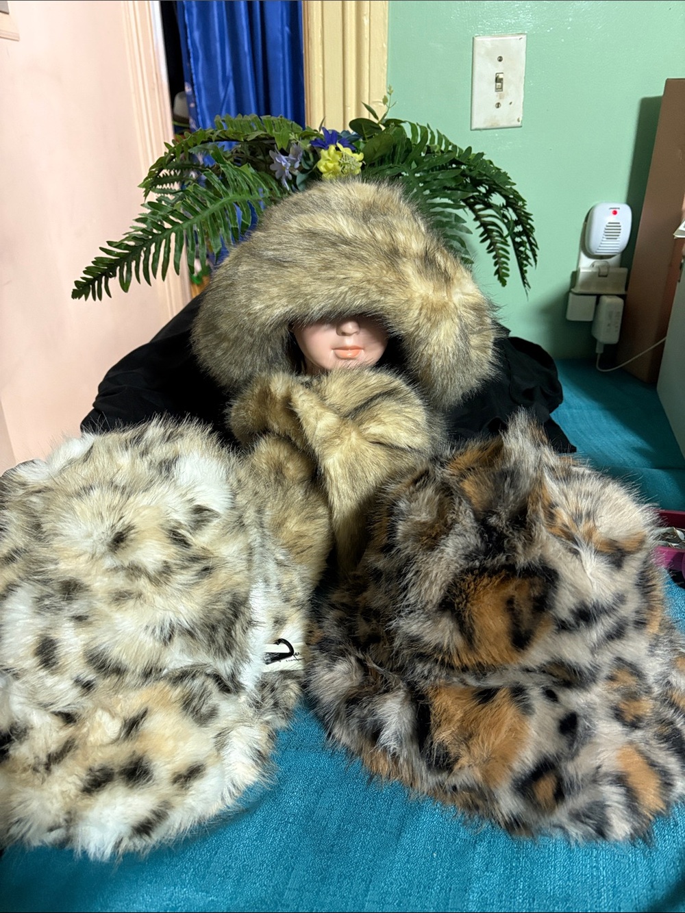 Fur Hooded Animal-Print Hat - Tan/Beige